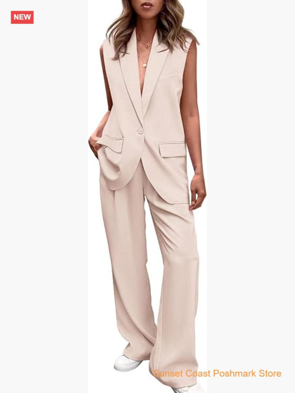 Sleeveless Vest and Wide Leg Pants Suit Set Business Casual Blazer